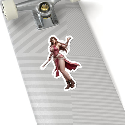 Aerith Sticker – Fantasy Game Vinyl Sticker for Laptops & Indoor Decor on skateboard deck, glossy durable vinyl, bubble-free application