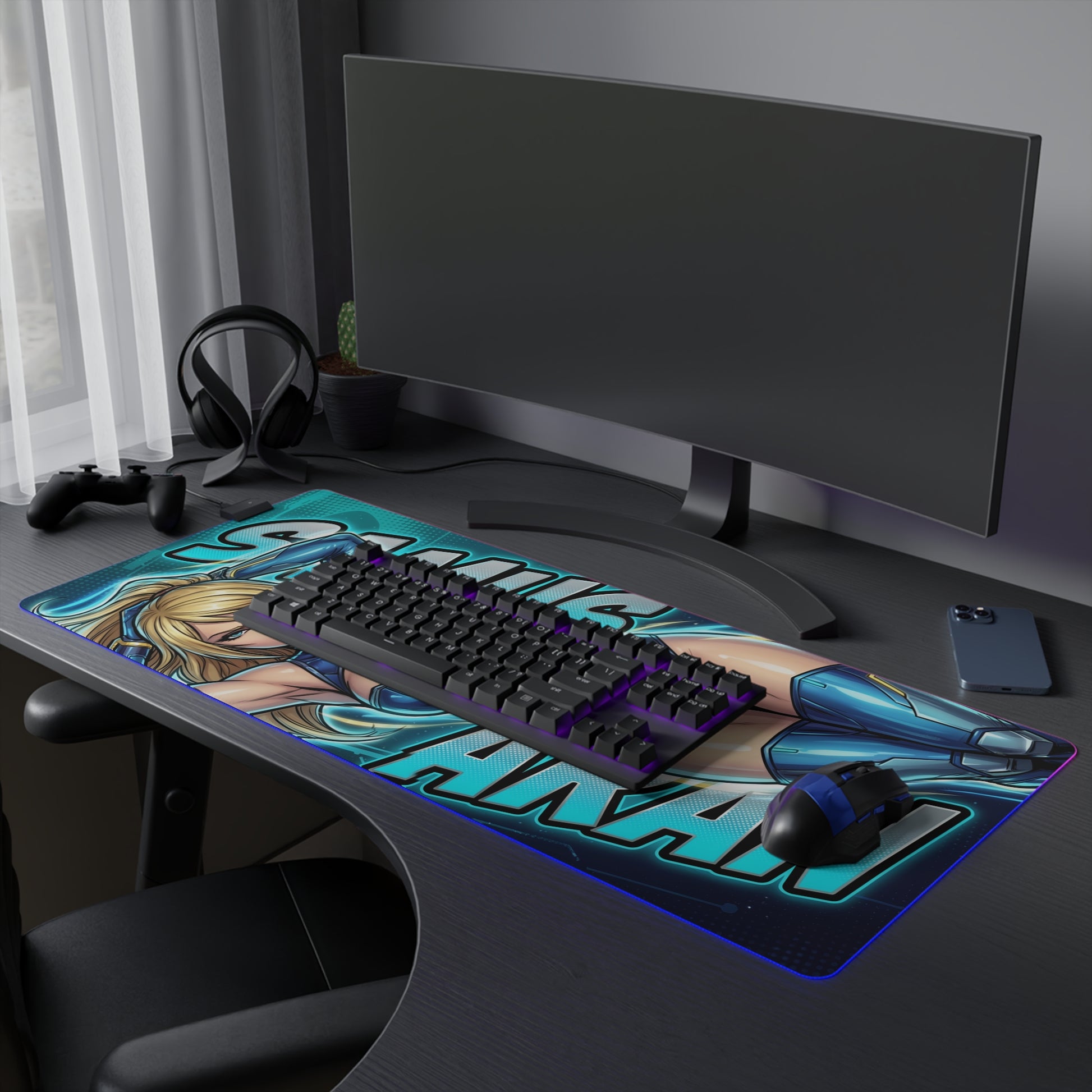 Samus Aran RGB Desk Mat, Sci-Fi Action Gaming Mouse Pad, LED Desk Mat for Gamer Setup showcasing armor artwork, blue tones, RGB edge lighting