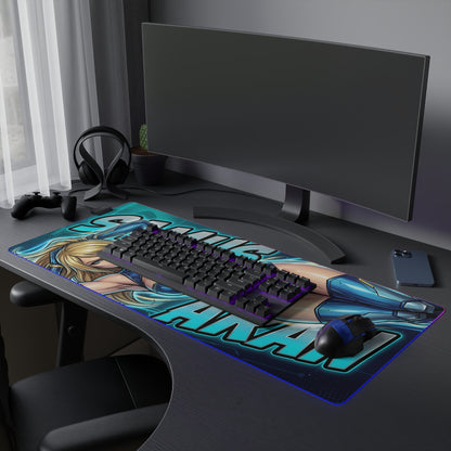 Samus Aran RGB Desk Mat, Sci-Fi Action Gaming Mouse Pad, LED Desk Mat for Gamer Setup showcasing armor artwork, blue tones, RGB edge lighting