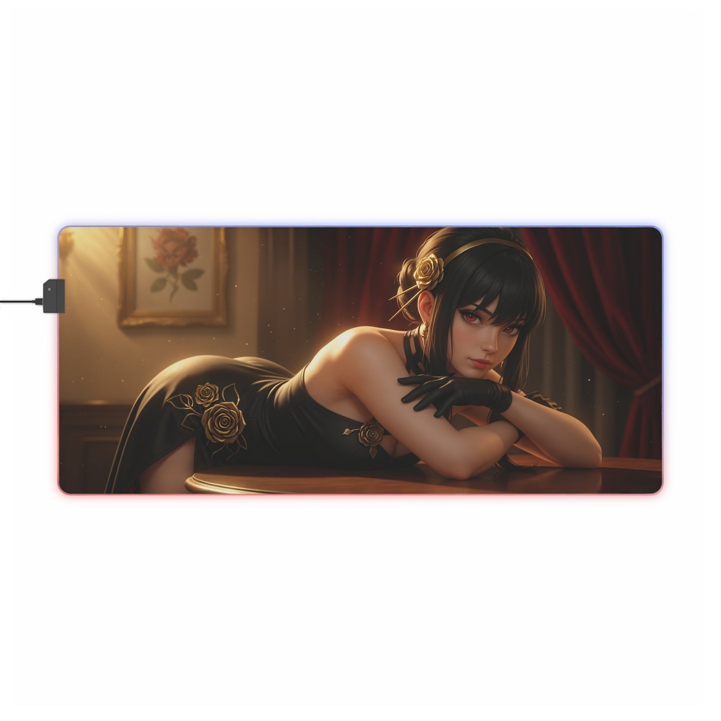 Yor Forger Desk Mat – LED RGB Pad, Waifu Anime Girl Gaming Setup featuring reclining waifu in black dress and integrated LED glow