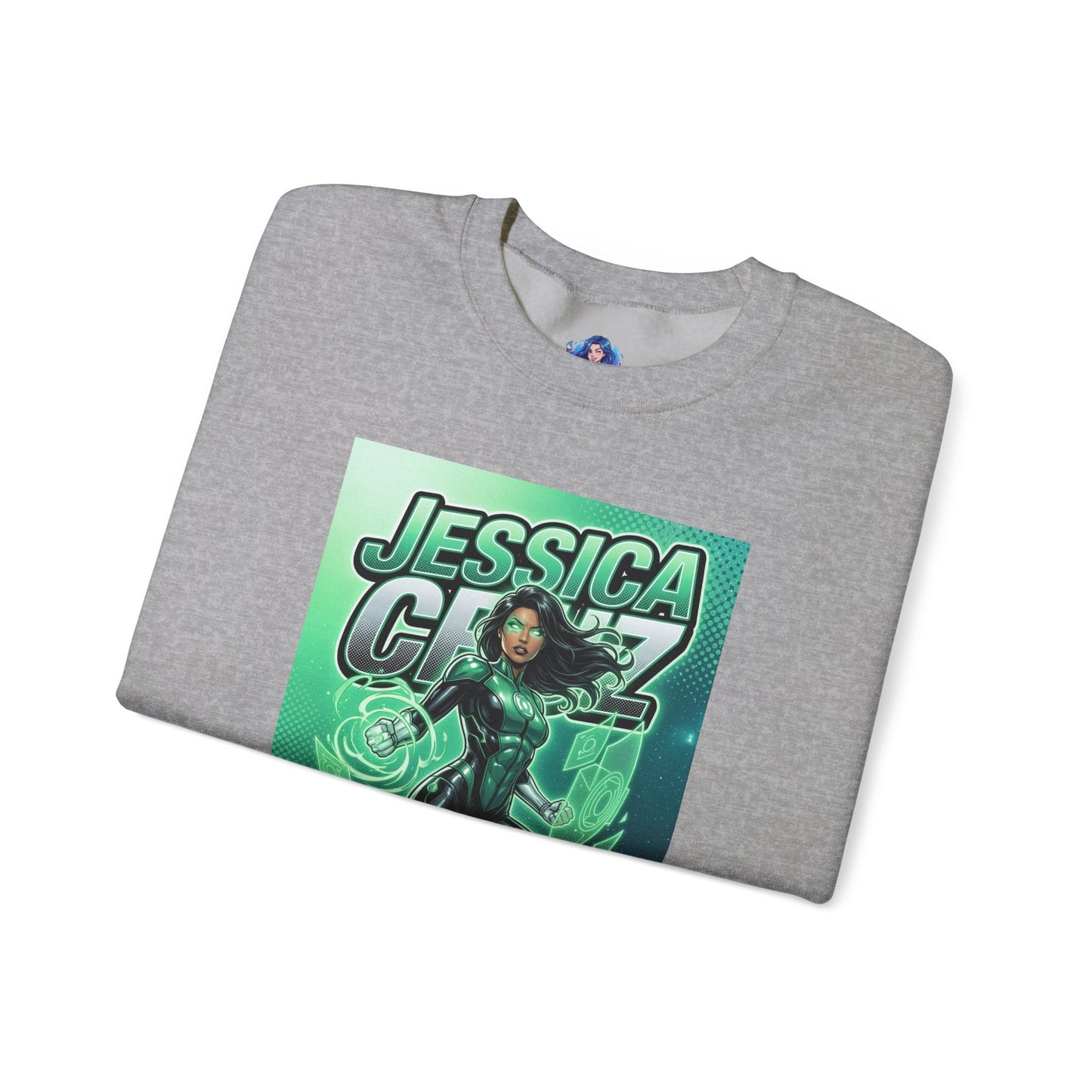 Jessica Cruz Sweatshirt, DC Comics Crewneck, Green Lantern Fan Apparel - folded grey crewneck with glowing Jessica Cruz graphic