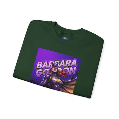 Batgirl Sweatshirt, DC Comics Crewneck, Gotham Hero Fan Apparel - green crewneck with purple-and-gold Batgirl comic art featuring Barbara Gordon