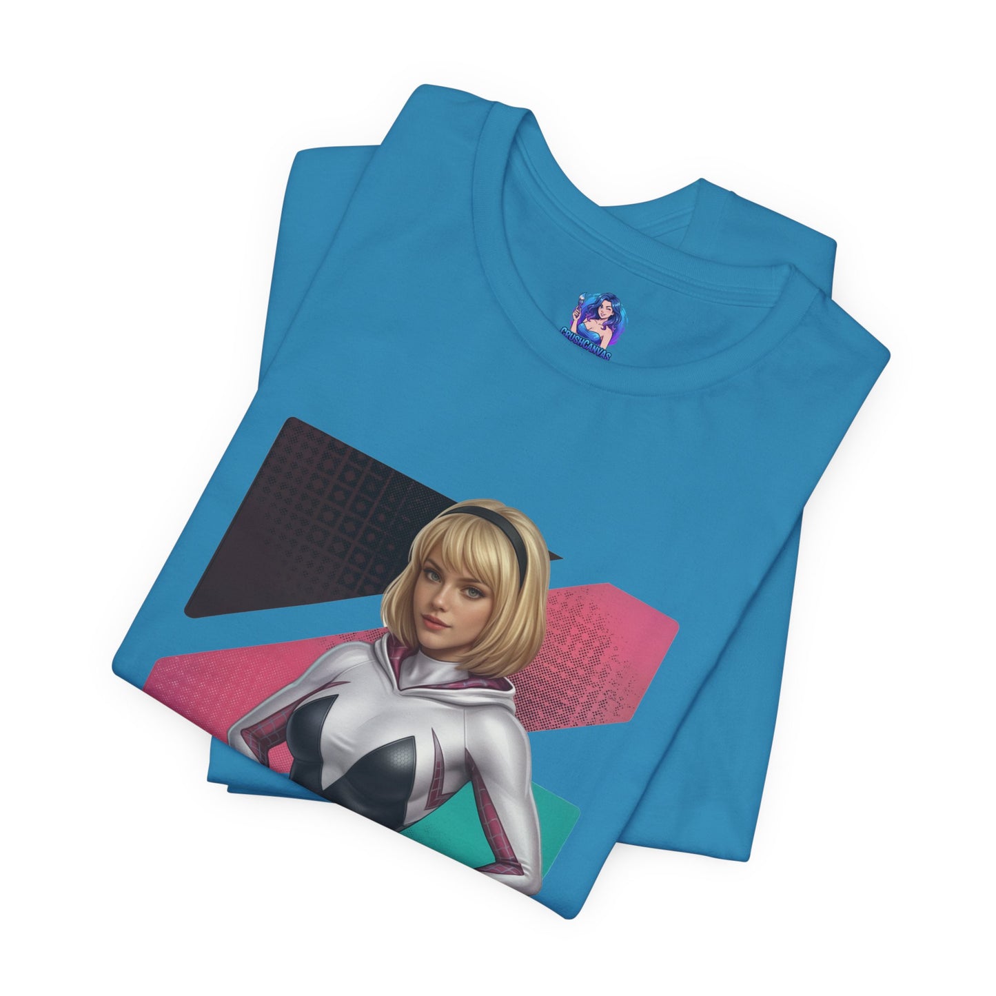 Spider-Gwen T-Shirt | Marvel Anime Tee for Gamers & Superhero Fans – blue Bella Canvas tee with anime-style Spider-Gwen portrait