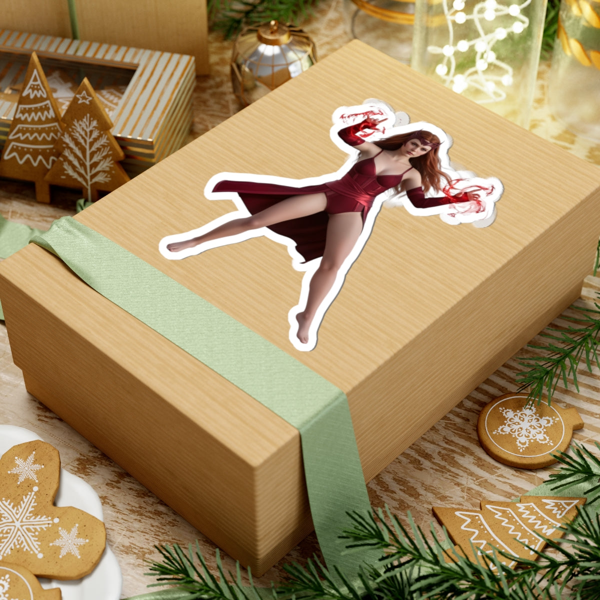 Scarlet Witch Sticker – Comic Heroine Vinyl Sticker for Laptops & Indoor Decor on a wrapped gift showing glossy vibrant vinyl decal