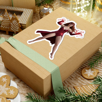 Scarlet Witch Sticker – Comic Heroine Vinyl Sticker for Laptops & Indoor Decor on a wrapped gift showing glossy vibrant vinyl decal
