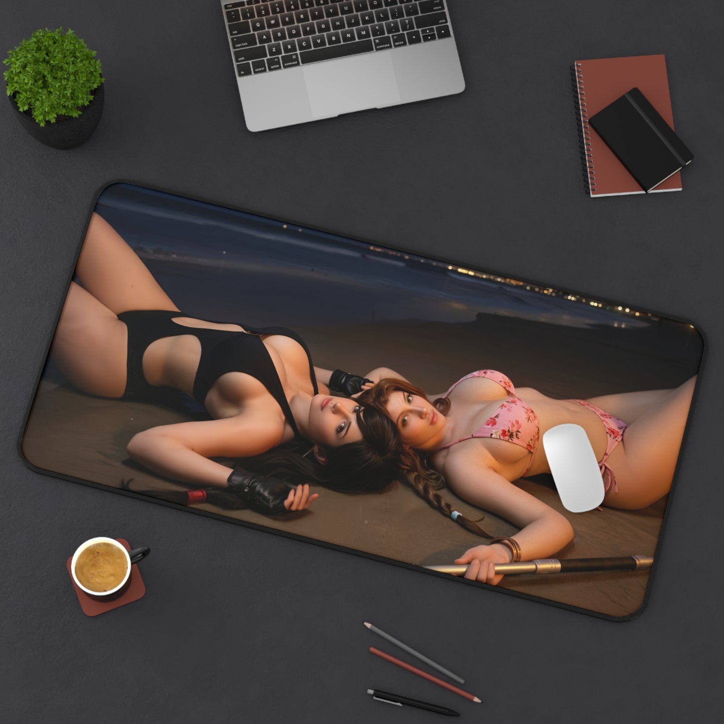 Tifa and Aerith Gaming Mouse Pad, Final Fantasy Desk Mat, RPG Heroine Setup showing two heroines on a premium large gaming desk mat