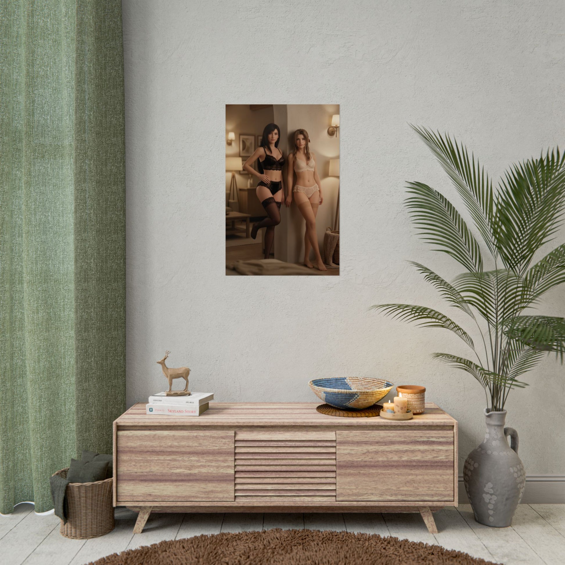 Tifa Aerith Poster, Final Fantasy VII Art Print – Collector RPG Wall Art mounted in a cozy gamer room display