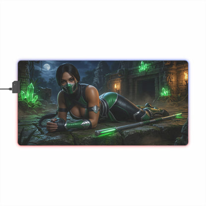 Jade Desk Mat – LED RGB Pad, Waifu Fighter Anime Girl Setup featuring a green-clad assassin lounging on illuminated gaming mat
