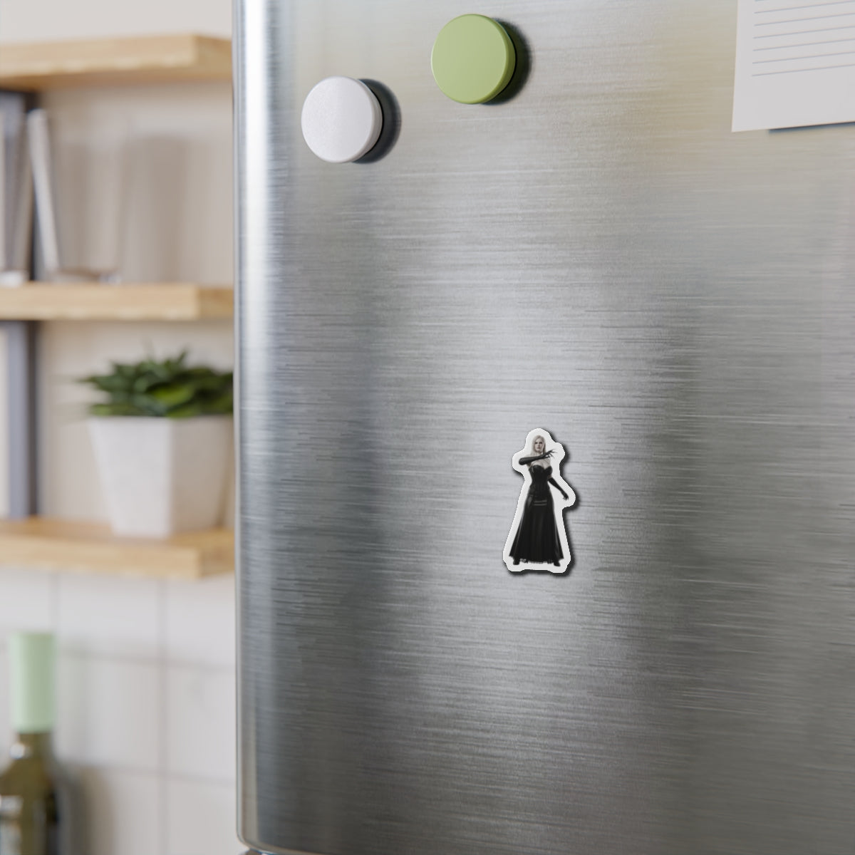 Lady Dimitrescu Magnet – Resident Evil Village Fridge Magnet, Game Decor on stainless steel fridge showing black-and-white die-cut vinyl magnet