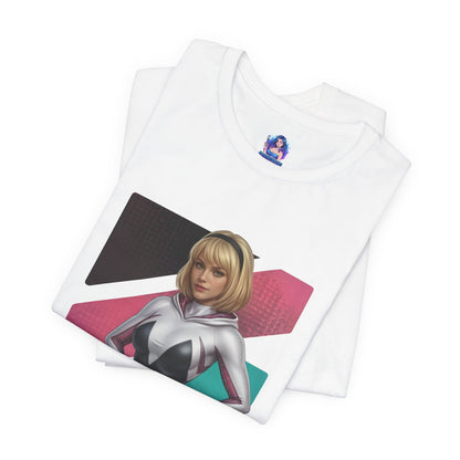 Spider-Gwen T-Shirt | Marvel Anime Tee for Gamers & Superhero Fans - white Bella Canvas tee with anime-style Spider-Gwen hooded heroine print