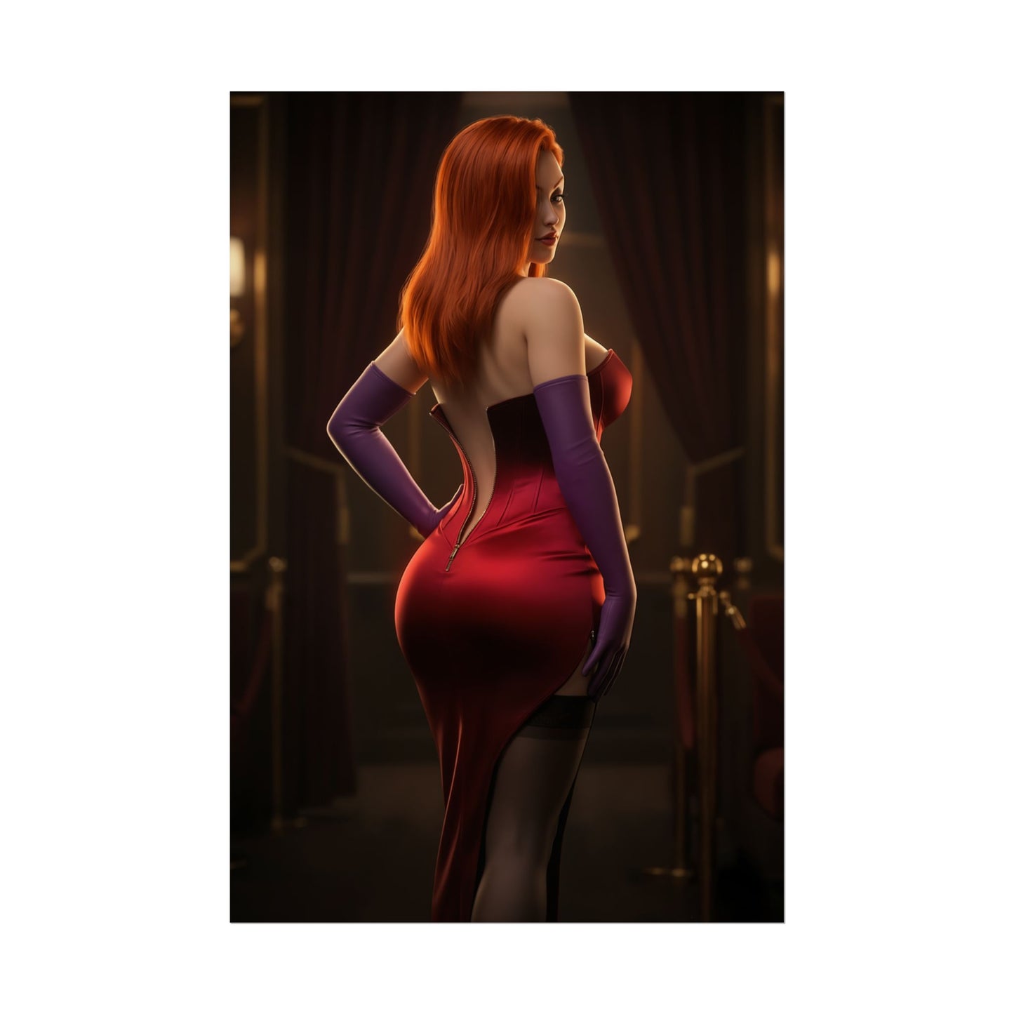 Jessica Rabbit Poster, Classic Animation Art Print – Iconic Femme Fatale vivid red gown back view premium wall art for collectors and gamer rooms
