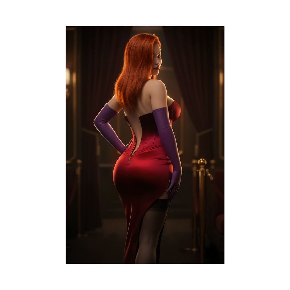 Jessica Rabbit Poster, Classic Animation Art Print  Iconic Femme Fatale vivid red gown back view premium wall art for collectors and gamer rooms