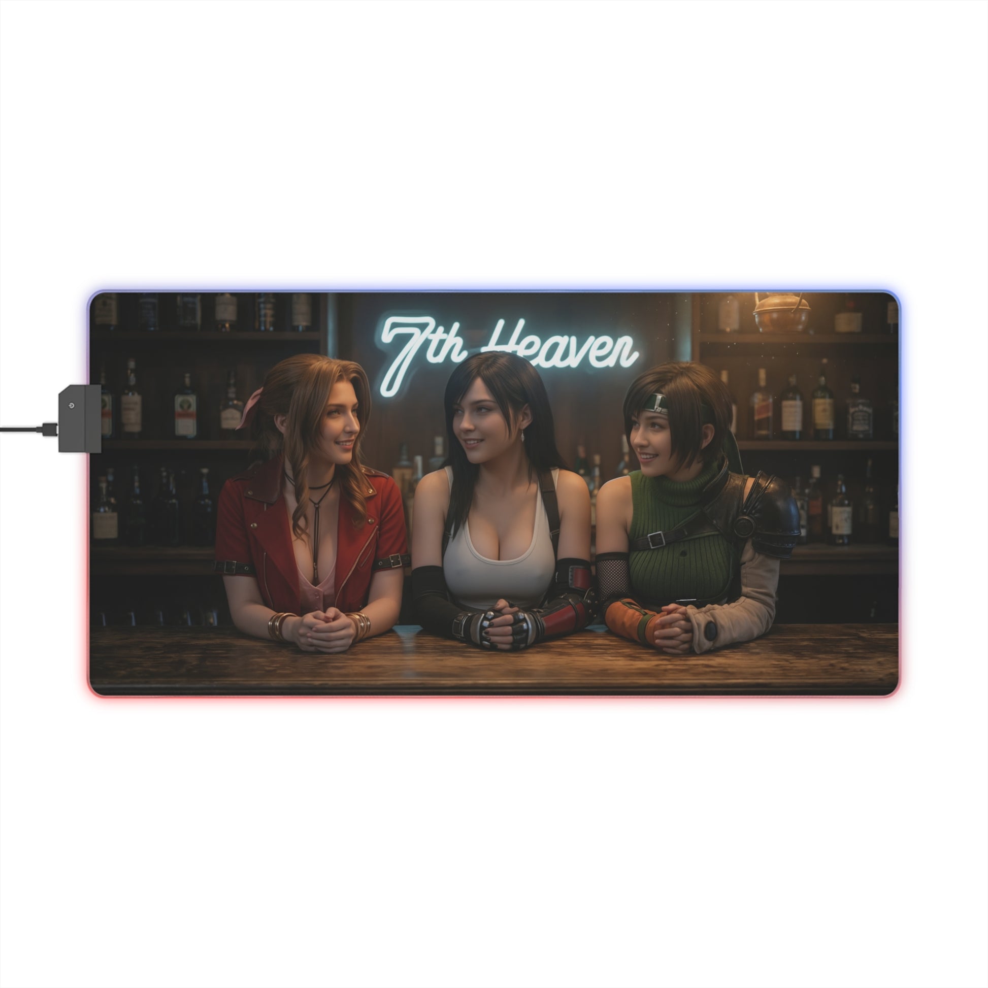 Tifa Lockhart, Aerith Gainsborough & Yuffie Kisaragi Desk Mat – LED RGB Pad showing trio at bar with 7th Heaven neon sign and RGB border