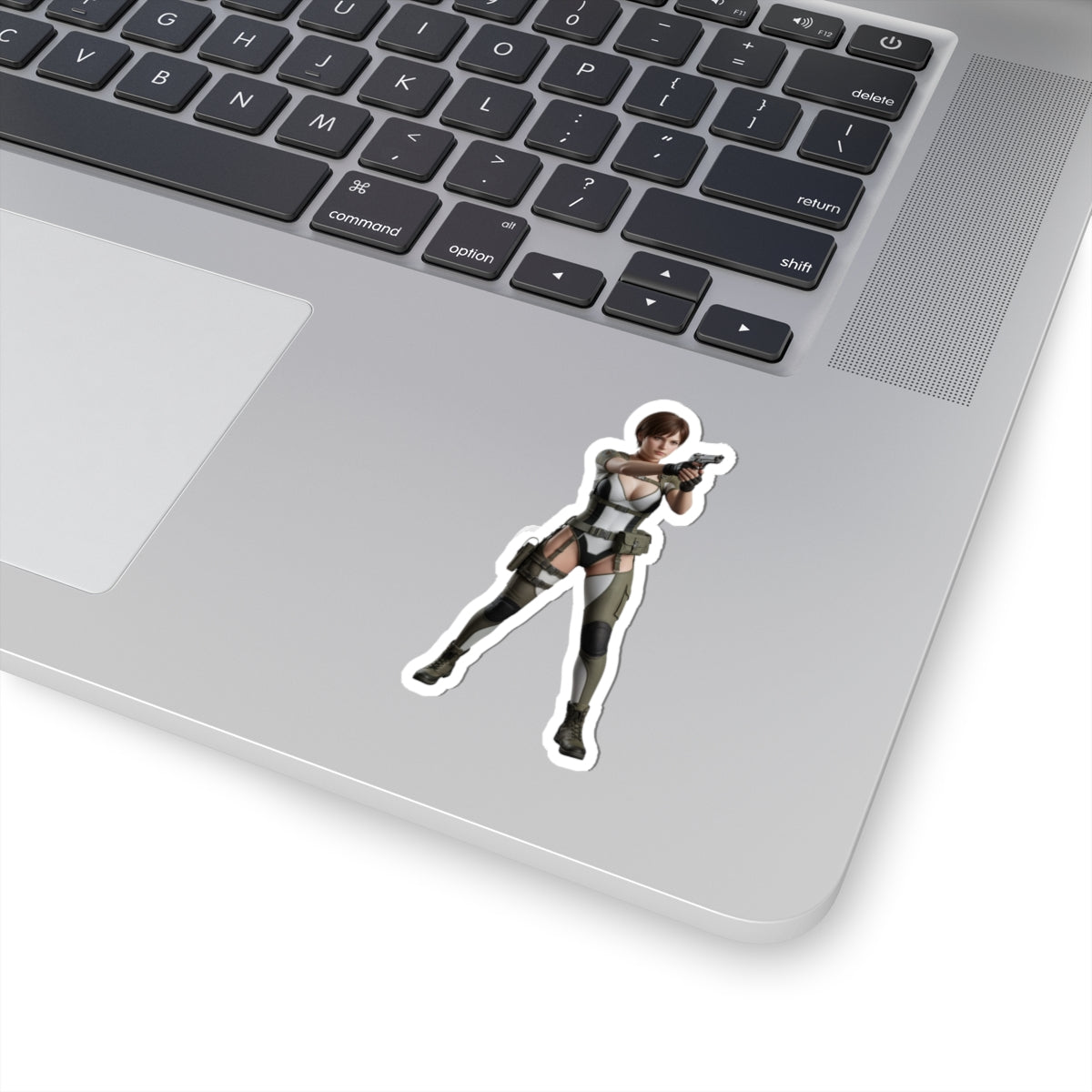 Rebecca Chambers Sticker – Survival Game Vinyl Sticker for Laptops & Indoor Decor on silver laptop showing glossy die-cut character vinyl sticker