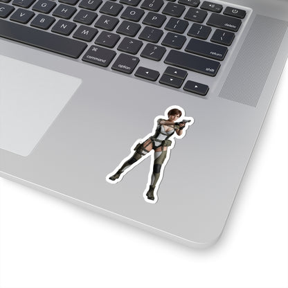 Rebecca Chambers Sticker – Survival Game Vinyl Sticker for Laptops & Indoor Decor on silver laptop showing glossy die-cut character vinyl sticker
