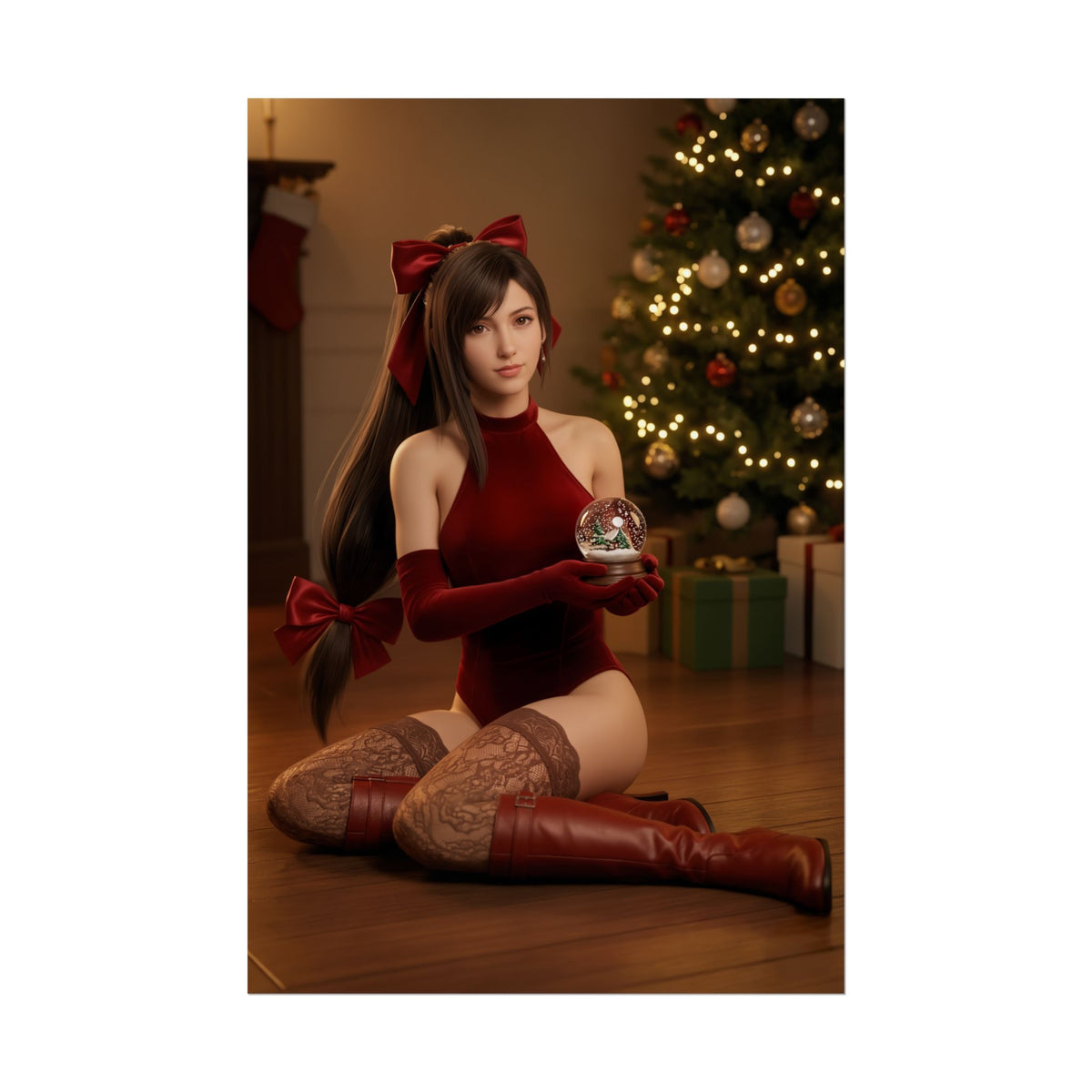 Tifa Lockhart Poster, Final Fantasy VII Art Print  Gamer Room Wall Art - festive portrait of Tifa in red outfit holding snow globe