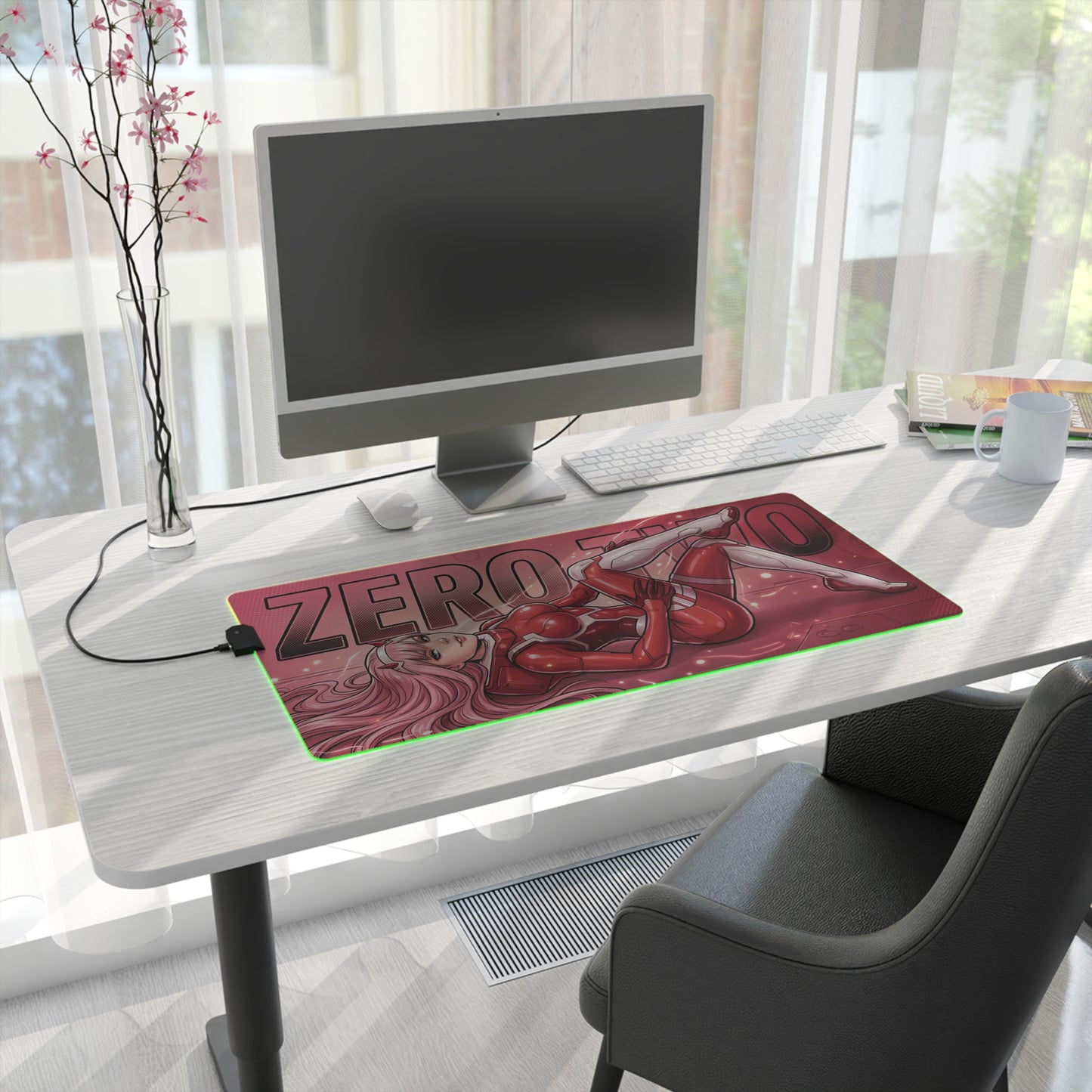 Zero Two RGB Desk Mat, Anime Gaming Mouse Pad, LED Desk Mat for Gamer Setup on white desk showing anime character pose with RGB edge and smooth cloth surface