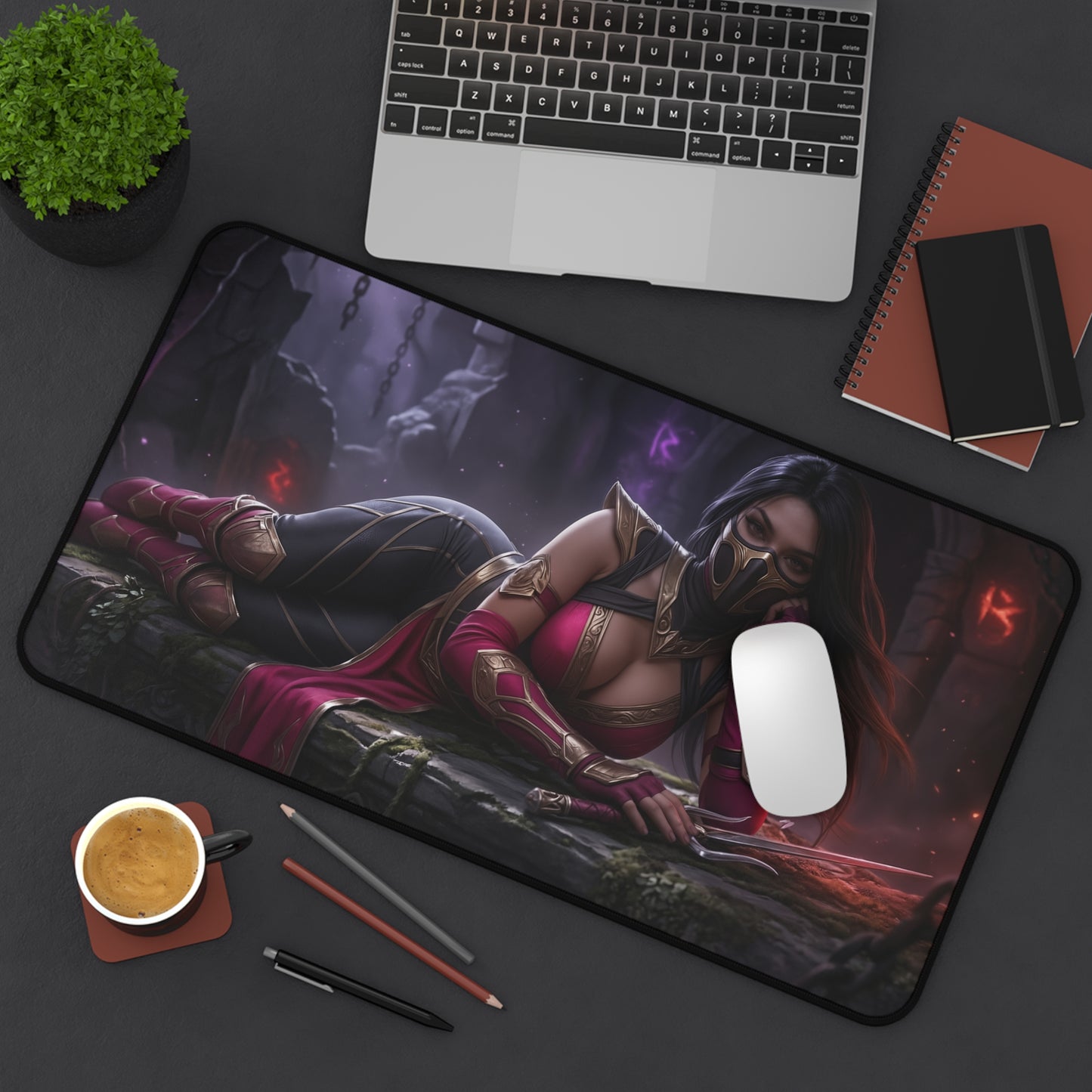 Mileena Gaming Mouse Pad, Mortal Kombat Desk Mat, Outworld Assassin Setup featuring Mileena artwork on large gaming desk mat