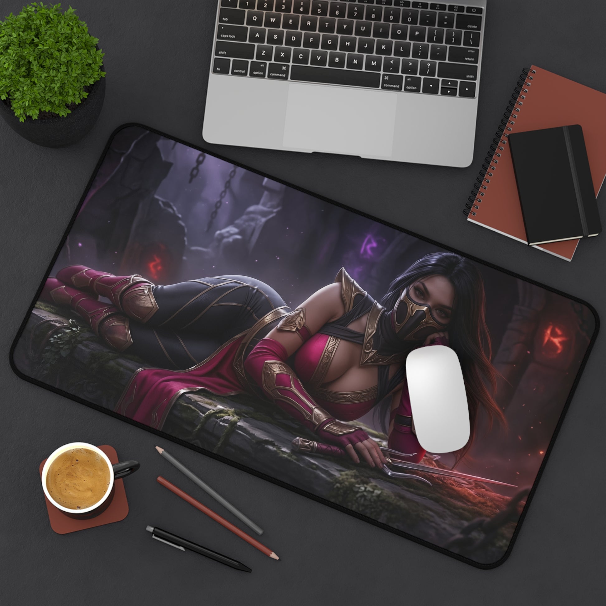Mileena Gaming Mouse Pad, Mortal Kombat Desk Mat, Outworld Assassin Setup featuring Mileena artwork on large gaming desk mat