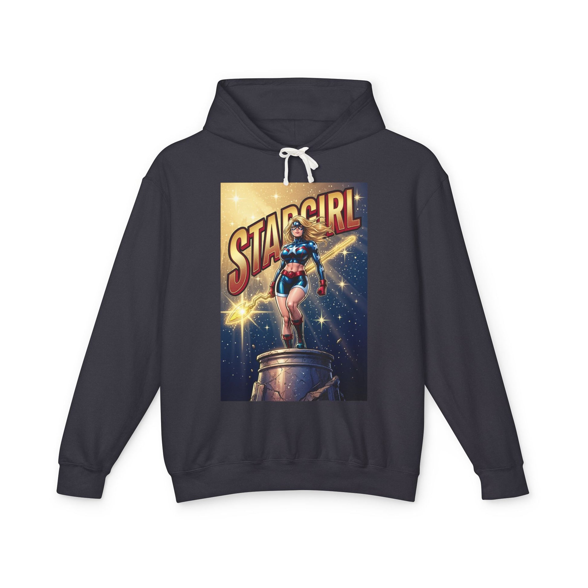 Stargirl Hoodie | DC Superhero Hoodie | Cosmic Staff Pullover - navy pullover with vintage Stargirl comic art and cosmic staff graphic