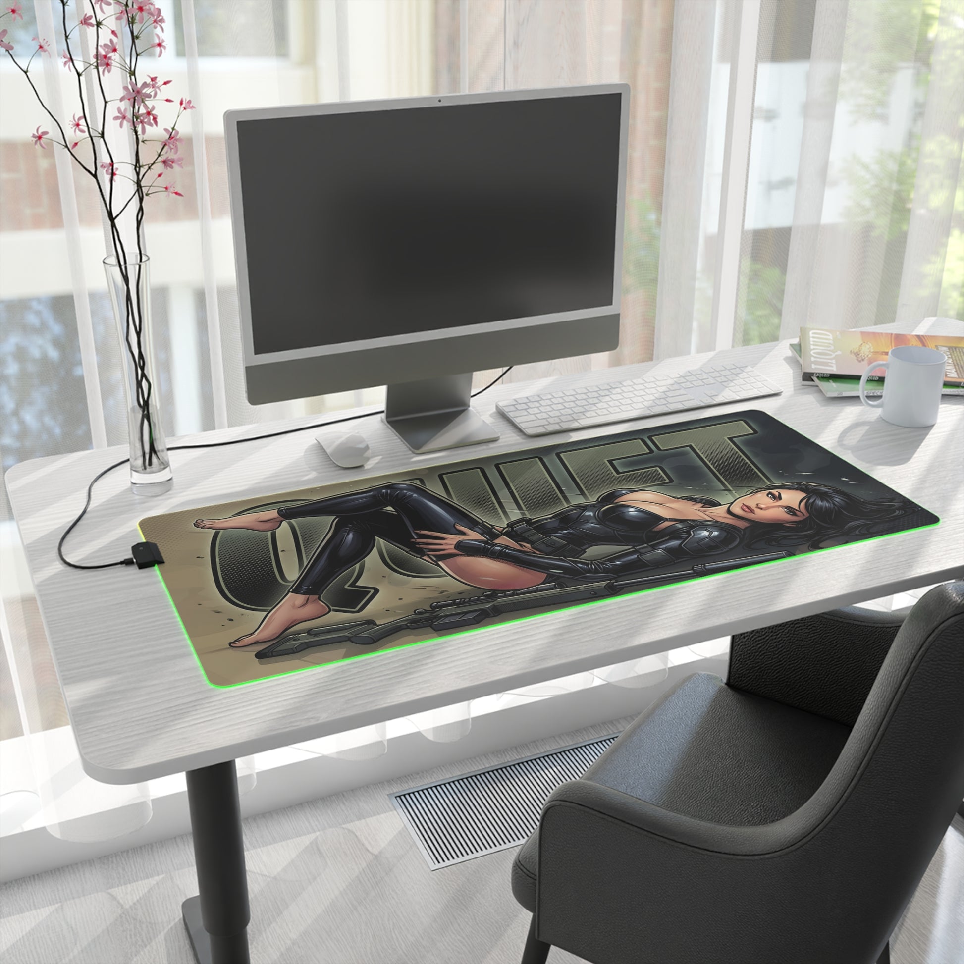 Quiet RGB Desk Mat, Metal Gear Solid V Gaming Mouse Pad, LED Desk Mat featuring stealth sniper artwork on a long RGB LED gaming mouse pad