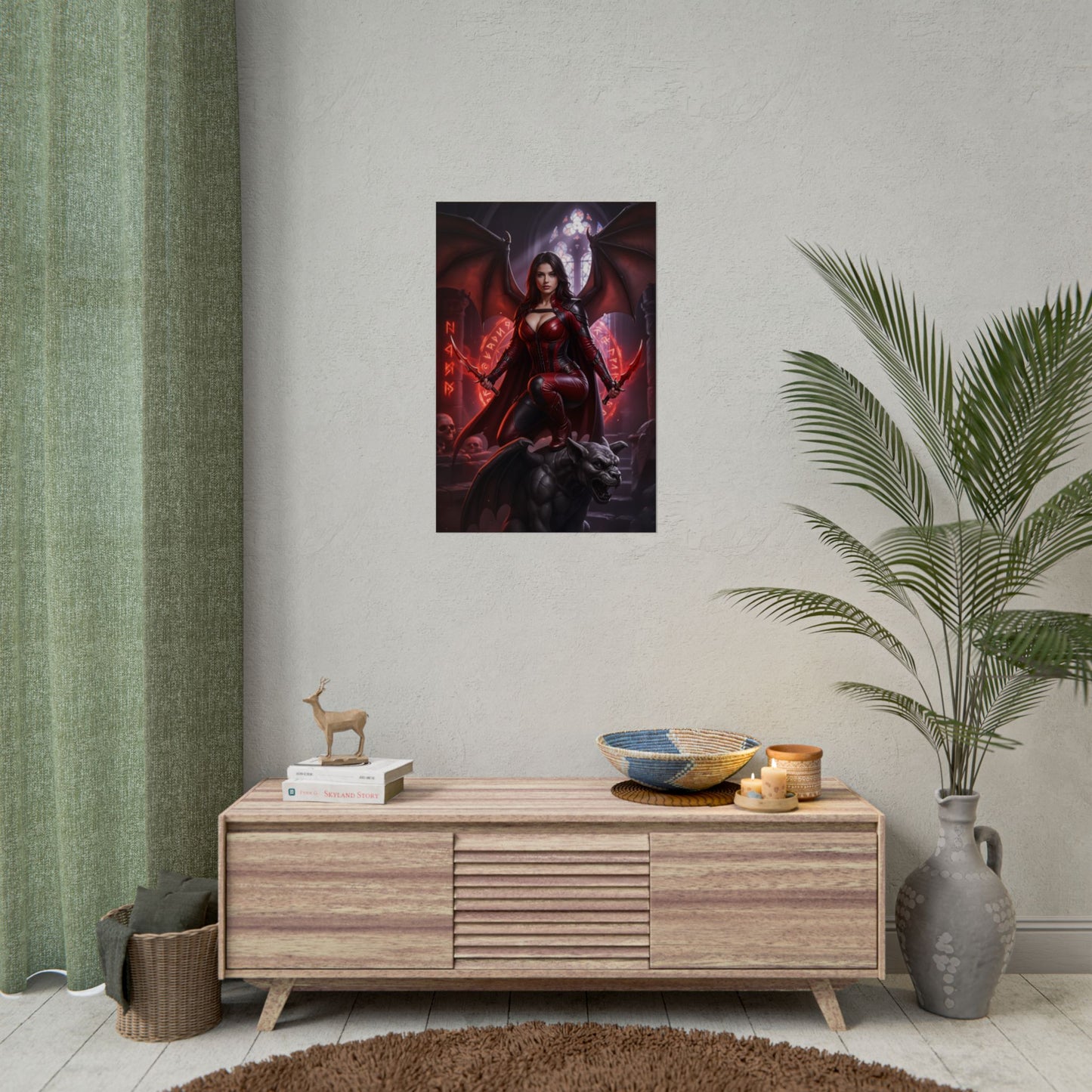 Nitara Mortal Kombat Poster – Iconic Vampire Warrior Heroine Wall Art hanging in a modern gaming room with dramatic red lighting
