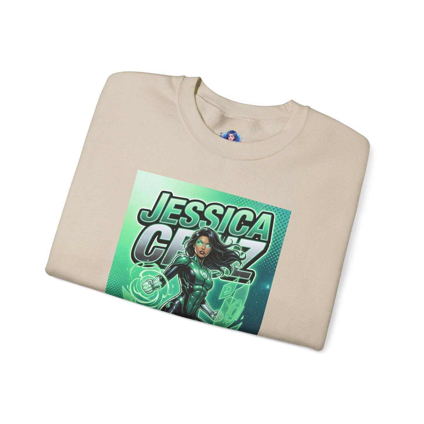 Jessica Cruz Sweatshirt, DC Comics Crewneck, Green Lantern Fan Apparel — folded beige crewneck with glowing green Jessica Cruz graphic