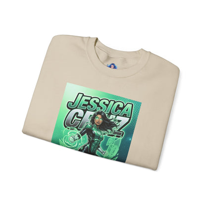 Jessica Cruz Sweatshirt, DC Comics Crewneck, Green Lantern Fan Apparel — folded beige crewneck with glowing green Jessica Cruz graphic