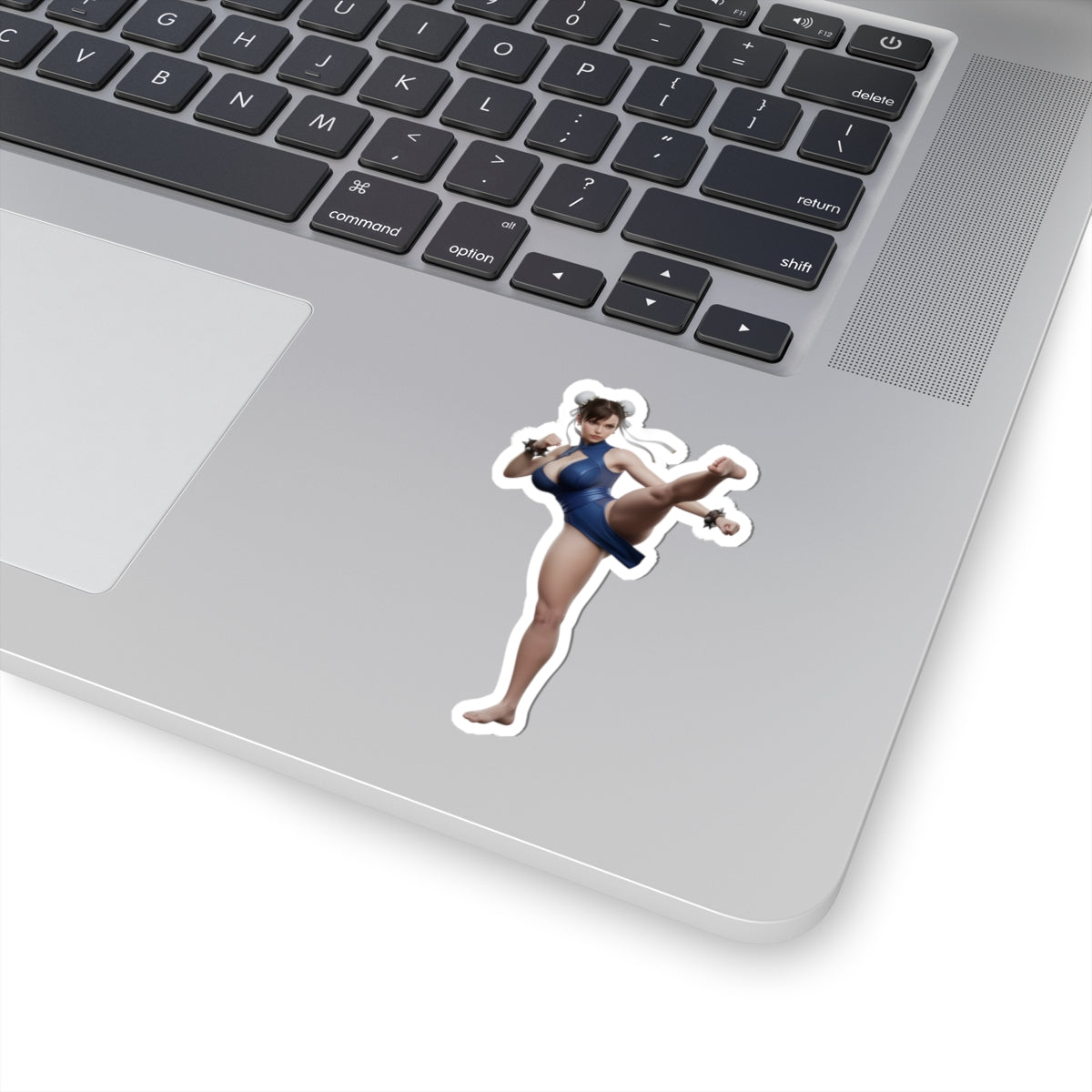 Chun-Li Sticker – Street Fighter Vinyl Sticker for Laptops & Indoor Decor on silver laptop showing glossy die-cut vinyl decal of Chun-Li kicking