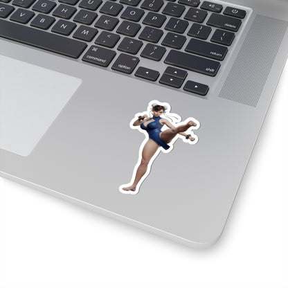 Chun-Li Sticker – Street Fighter Vinyl Sticker for Laptops & Indoor Decor on silver laptop showing glossy die-cut vinyl decal of Chun-Li kicking