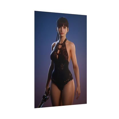 EVE Poster, Stellar Blade Art Print, Iconic Sci-Fi Action Hero Wall Decor featuring futuristic heroine in combat-ready pose against moody blue background
