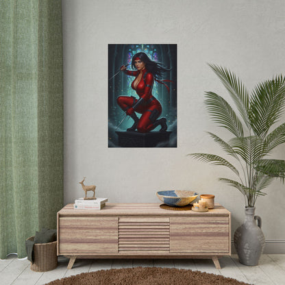 Elektra Marvel Poster – Iconic Assassin Heroine Wall Art for Gamer Decor, ultra-high resolution poster of Elektra in red costume on gamer room wall
