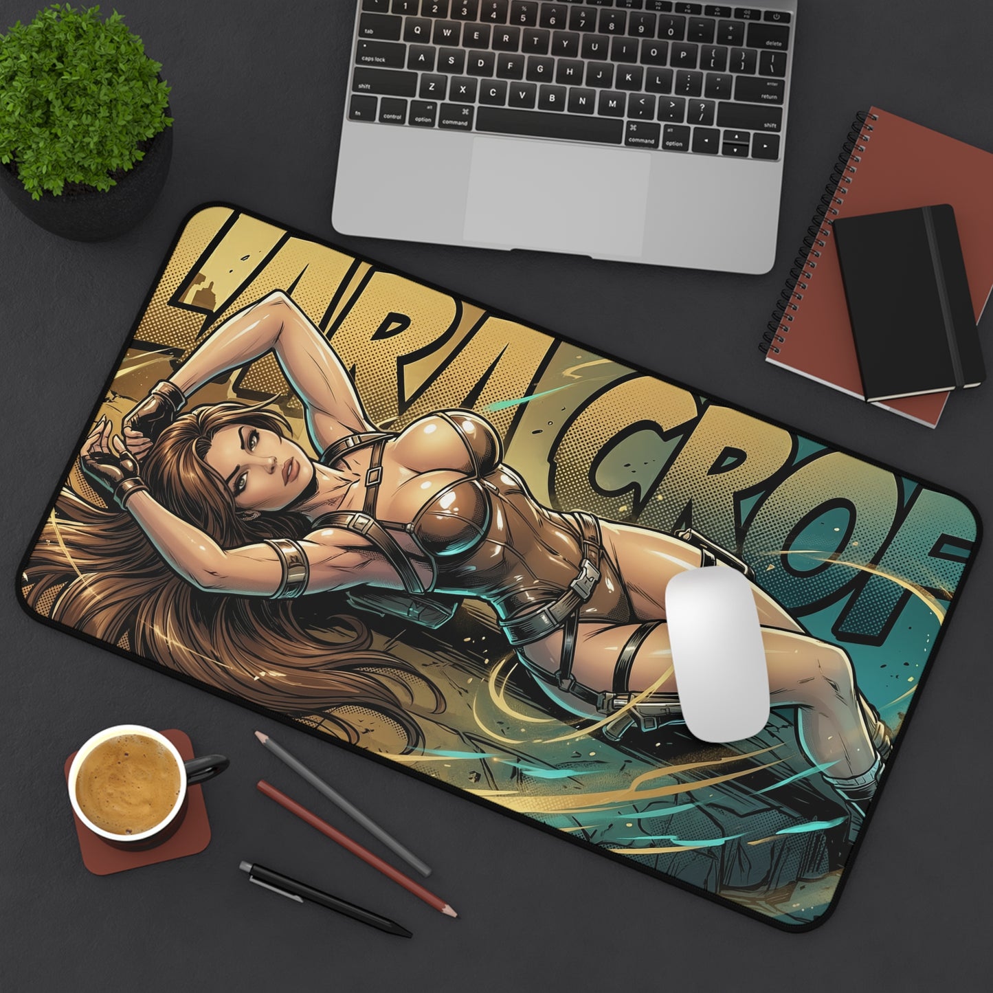 Lara Croft Desk Mat, Tomb Raider Mouse Pad, Adventure Gaming Setup Desk Decor — illustrated Lara Croft reclining on large gaming desk mat