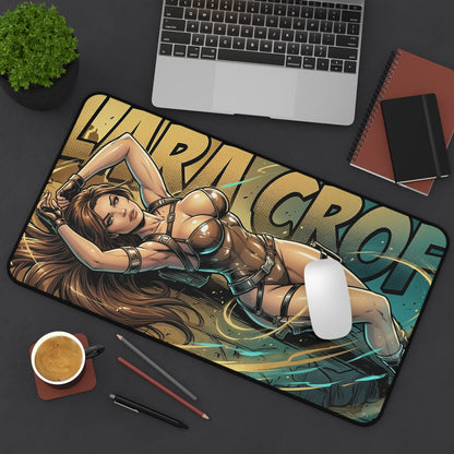 Lara Croft Desk Mat, Tomb Raider Mouse Pad, Adventure Gaming Setup Desk Decor — illustrated Lara Croft reclining on large gaming desk mat