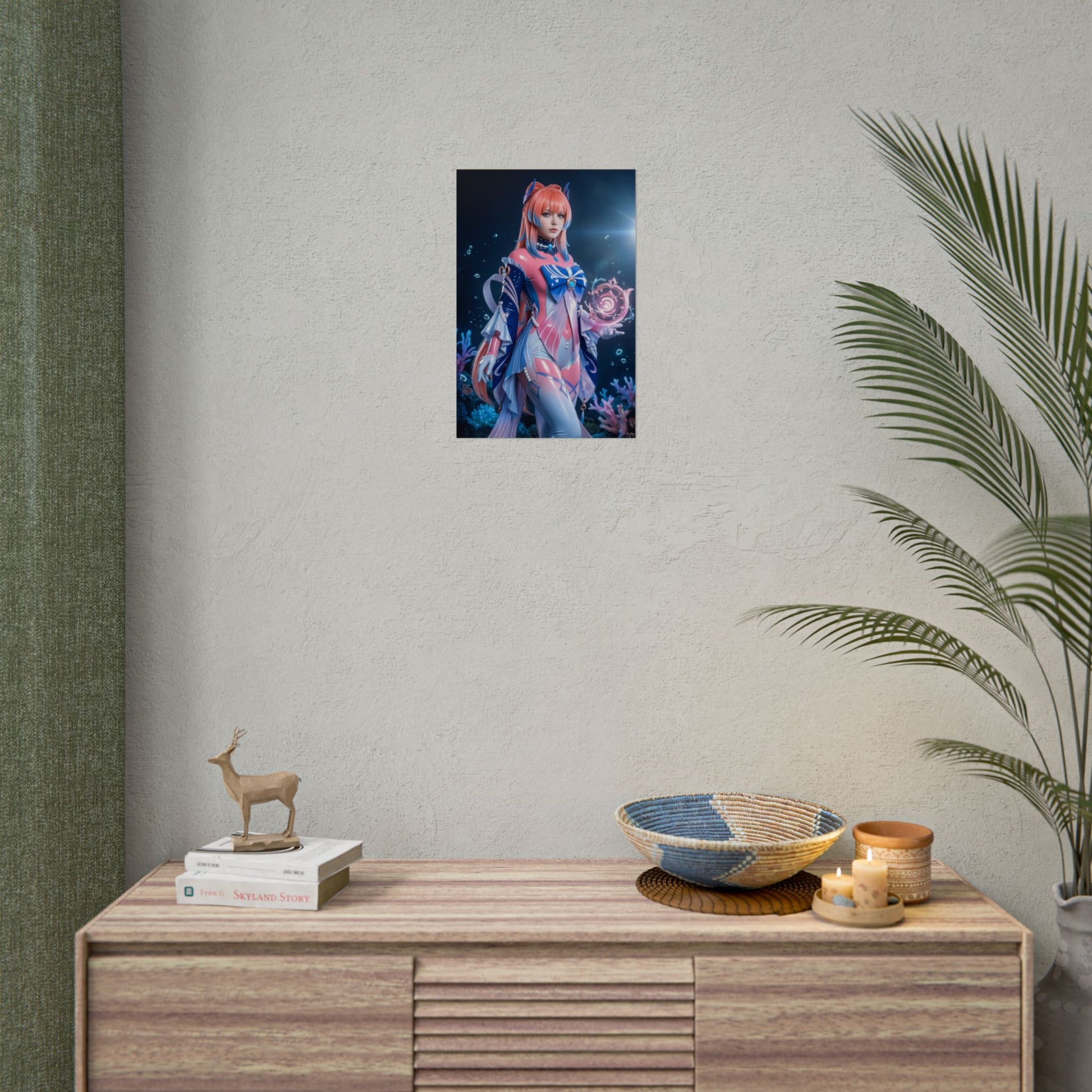 Kokomi Poster, Genshin Impact Art Print – Iconic Hydro Priestess Wall Art showing serene Kokomi character poster above modern console