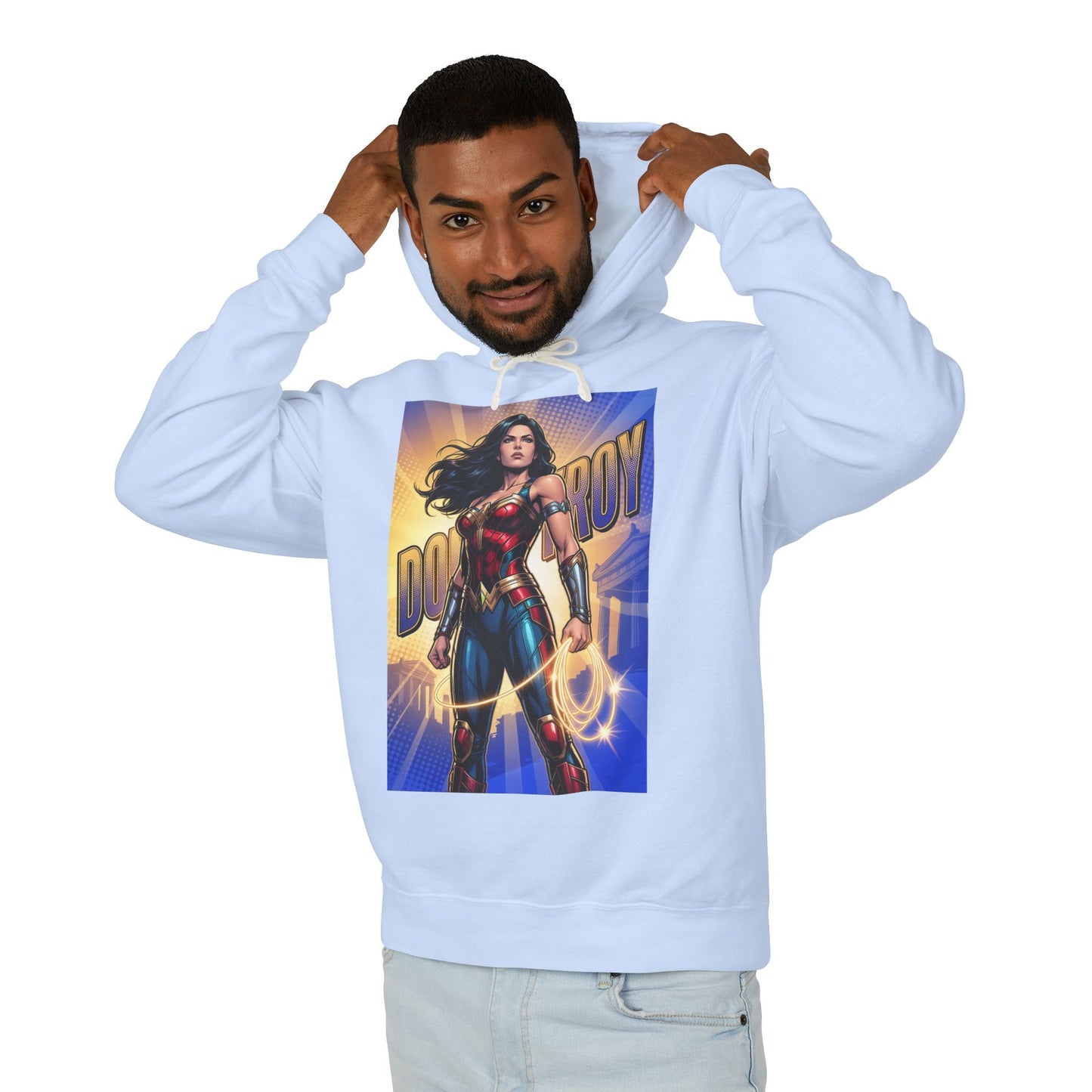 Donna Troy Hoodie | DC Superhero Hoodie | Amazon Legacy Pullover modeled on man wearing light blue cotton pullover with bold Donna Troy graphic
