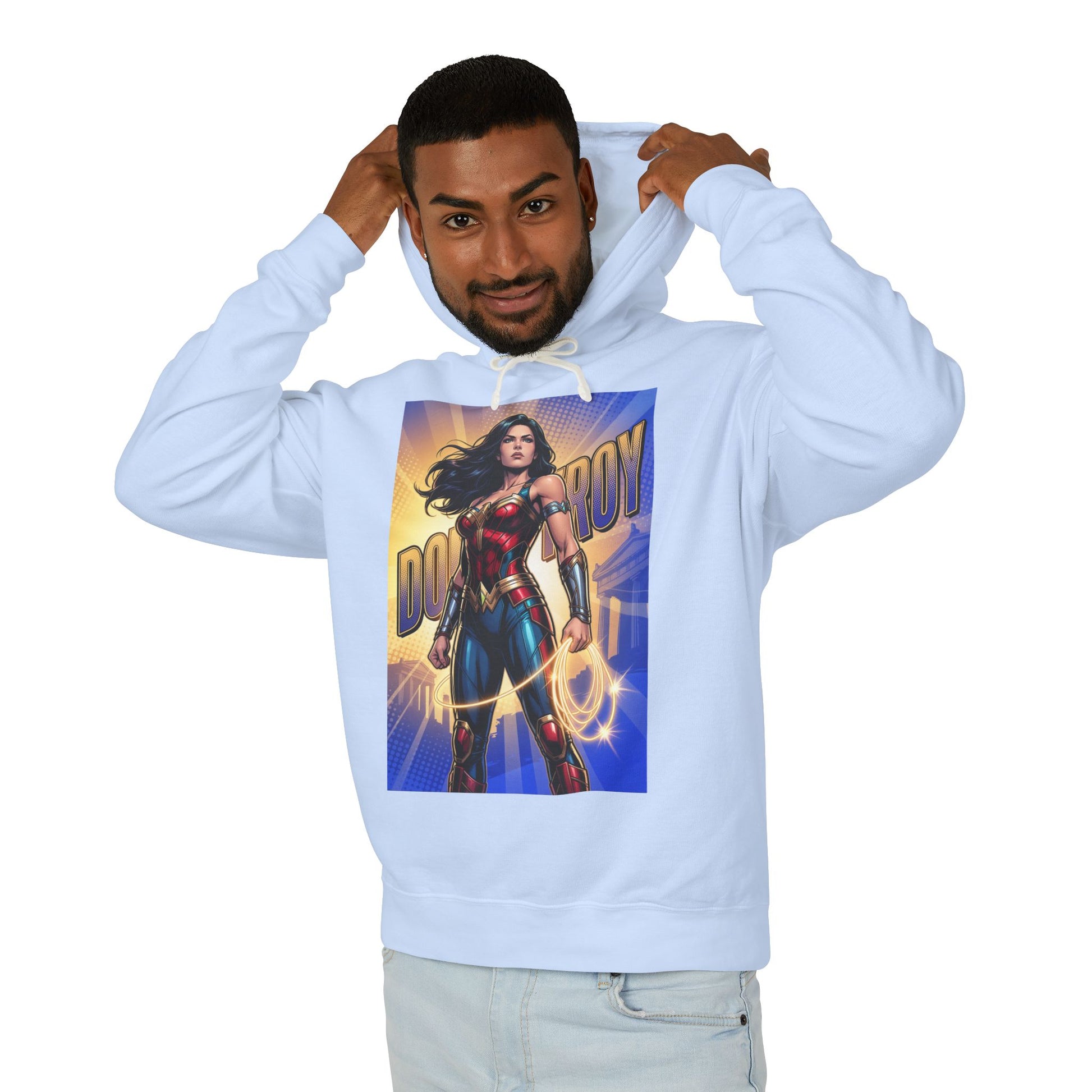Donna Troy Hoodie | DC Superhero Hoodie | Amazon Legacy Pullover modeled on man wearing light blue cotton pullover with bold Donna Troy graphic
