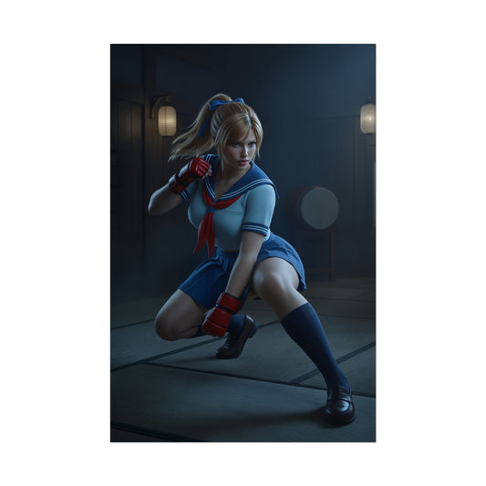 Asuka Kazama Tekken Poster – Iconic Fighting Game Heroine Wall Art featuring athletic heroine in sailor school outfit poised to strike