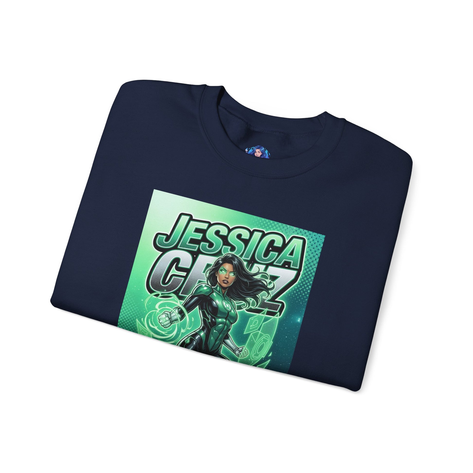 Jessica Cruz Sweatshirt, DC Comics Crewneck, Green Lantern Fan Apparel - navy crewneck with glowing Jessica Cruz comic artwork