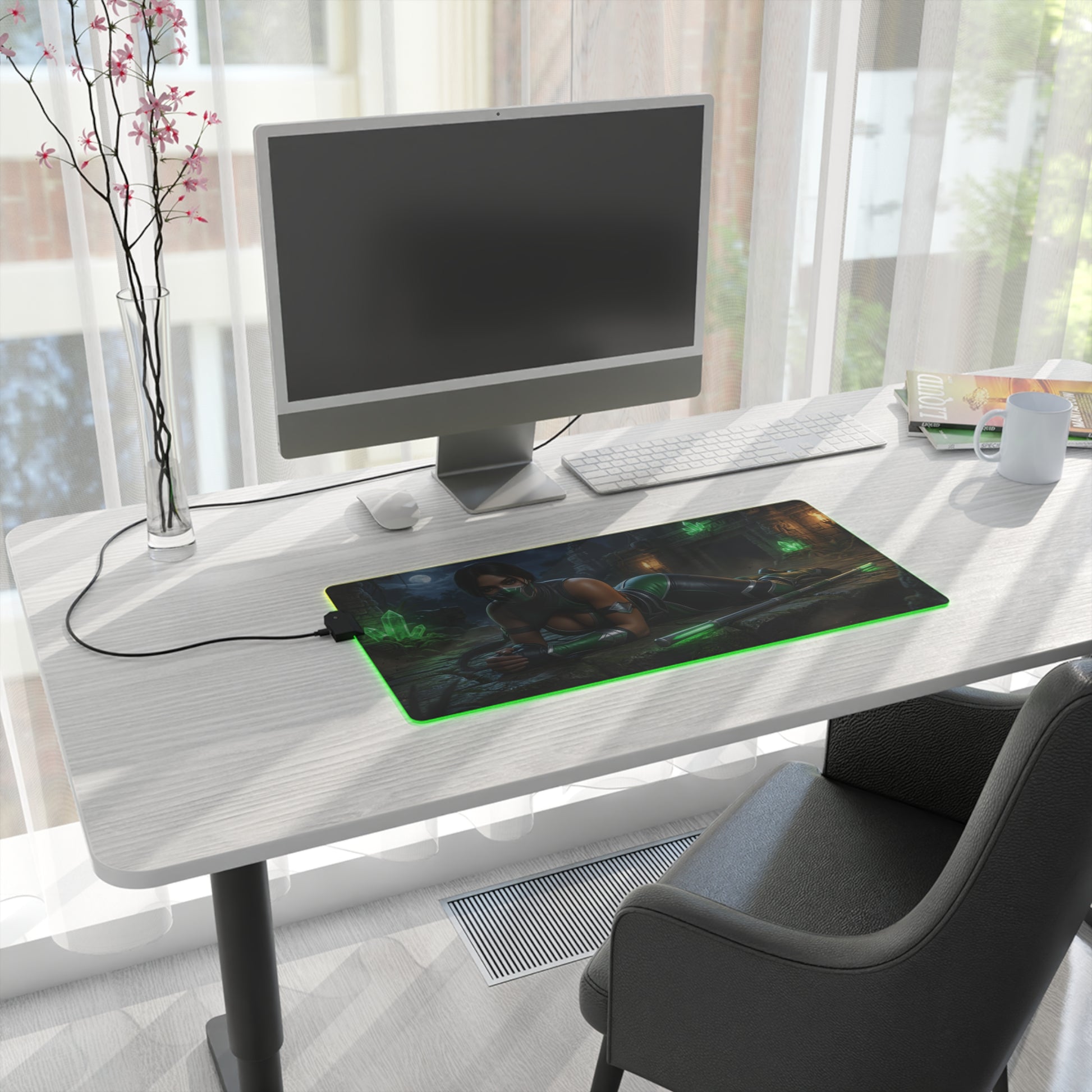 Jade Desk Mat – LED RGB Pad, Waifu Fighter Anime Girl Setup on modern white desk with gaming monitor and green-lit mouse pad