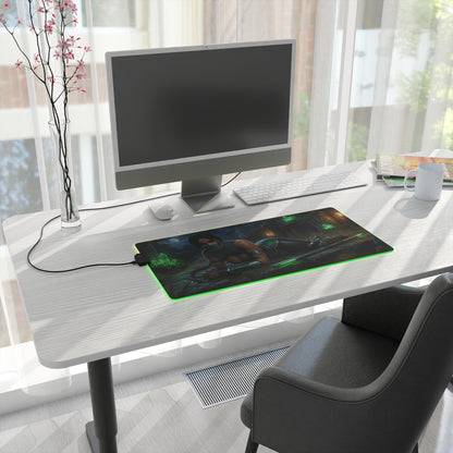 Jade Desk Mat – LED RGB Pad, Waifu Fighter Anime Girl Setup on modern white desk with gaming monitor and green-lit mouse pad