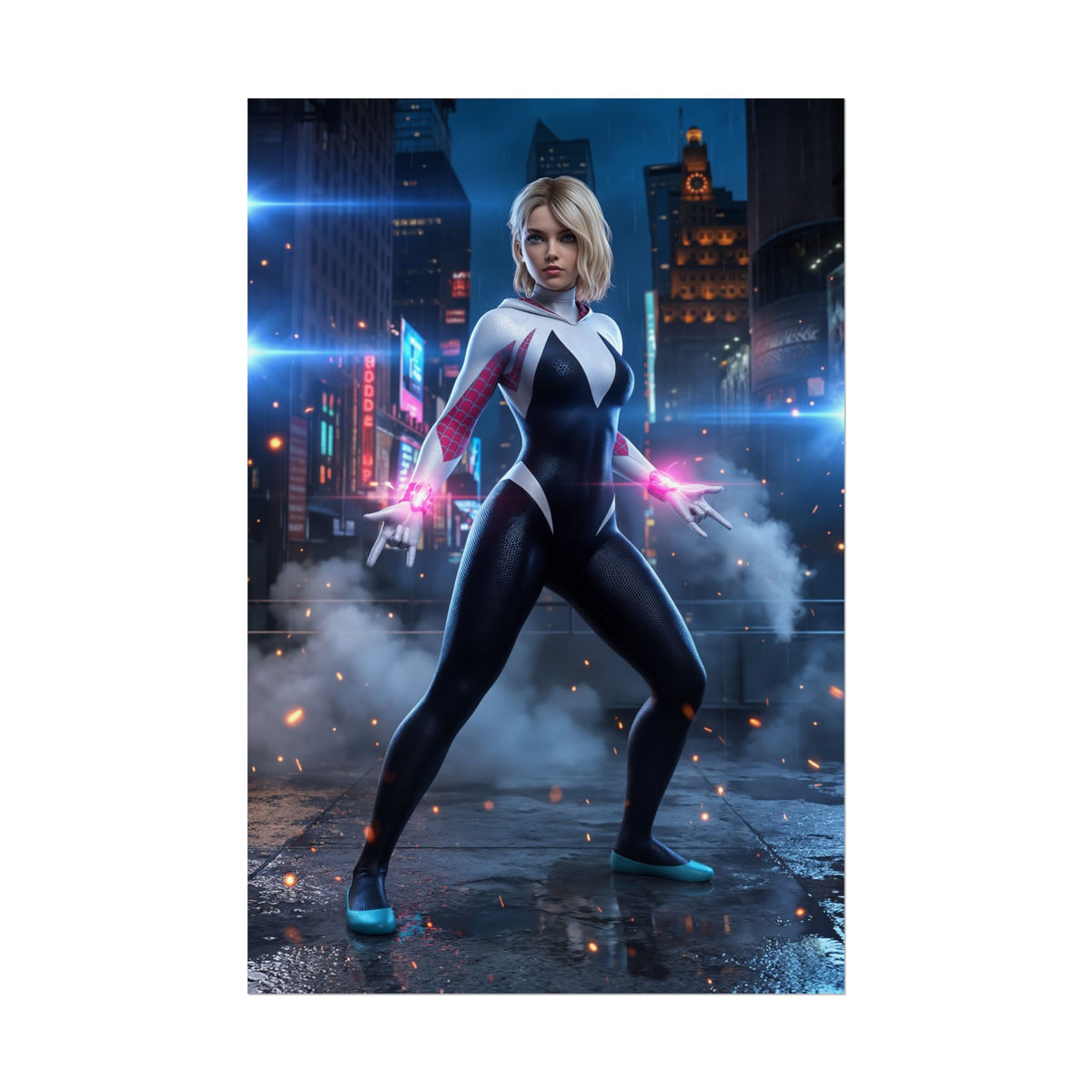 Gwen Stacy Poster, Spider-Man Art Print  Iconic Comic Heroine Wall Art featuring Gwen Stacy in white and black suit on city rooftop, neon night scene
