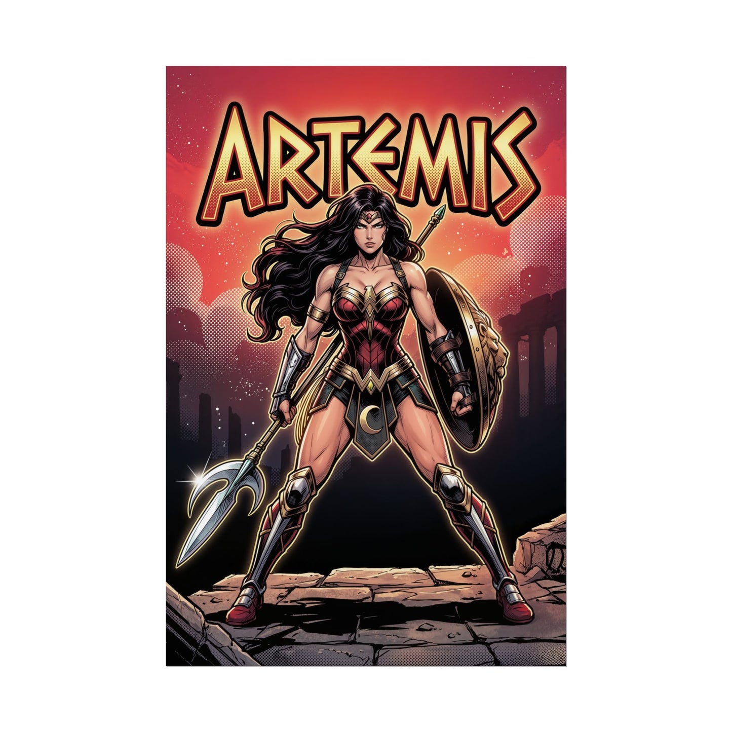 Artemis Poster / Artemis Wall Art / Artemis Art Print / DC Comics Poster - fierce Artemis warrior with shield and spear in dramatic ancient backdrop