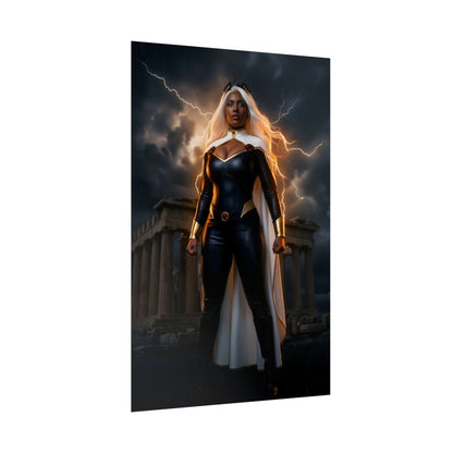 Storm Poster, Marvel X-Men Art Print, Iconic Weather Hero Wall Decor - striking Storm standing before lightning and ancient ruins