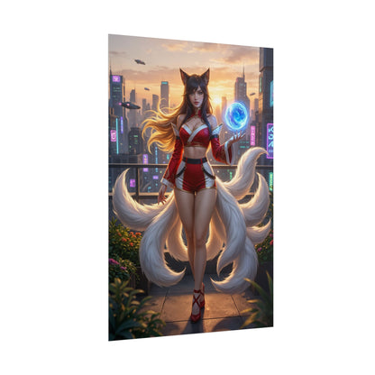 Ahri Poster, League of Legends Art Print, Iconic Nine-Tailed Mage showing elegant nine-tailed mage in red outfit holding blue orb for gaming room décor