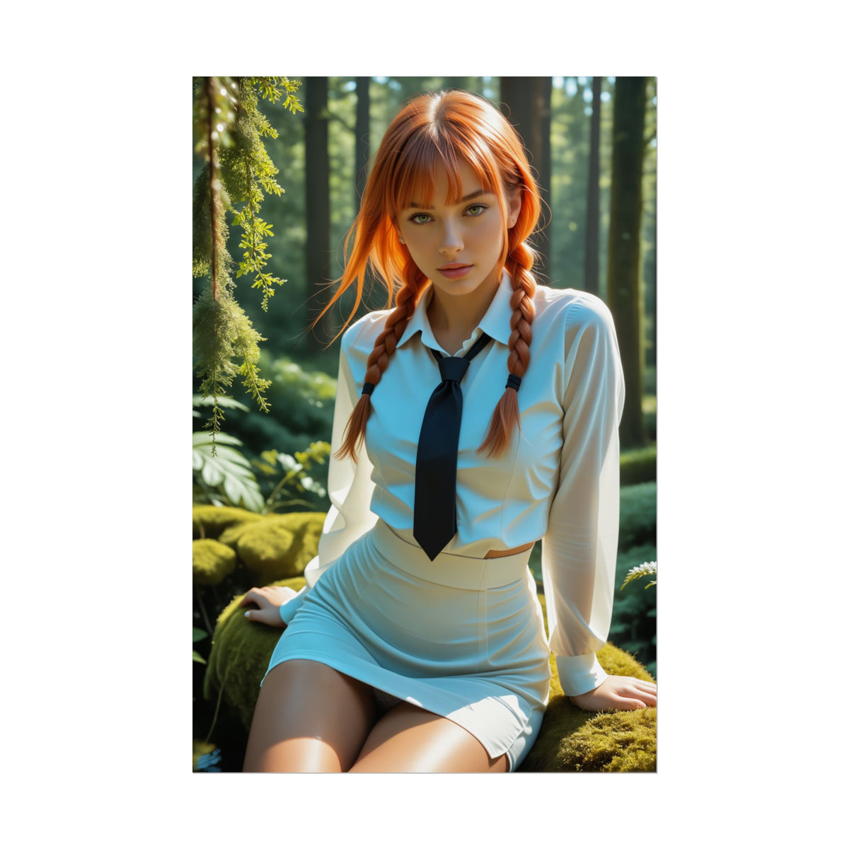 Makima Chainsaw Man Wall Art  Anime Heroine Poster, Great Gift for Fans featuring redhaired Makima portrait in school uniform sitting in sunlit forest
