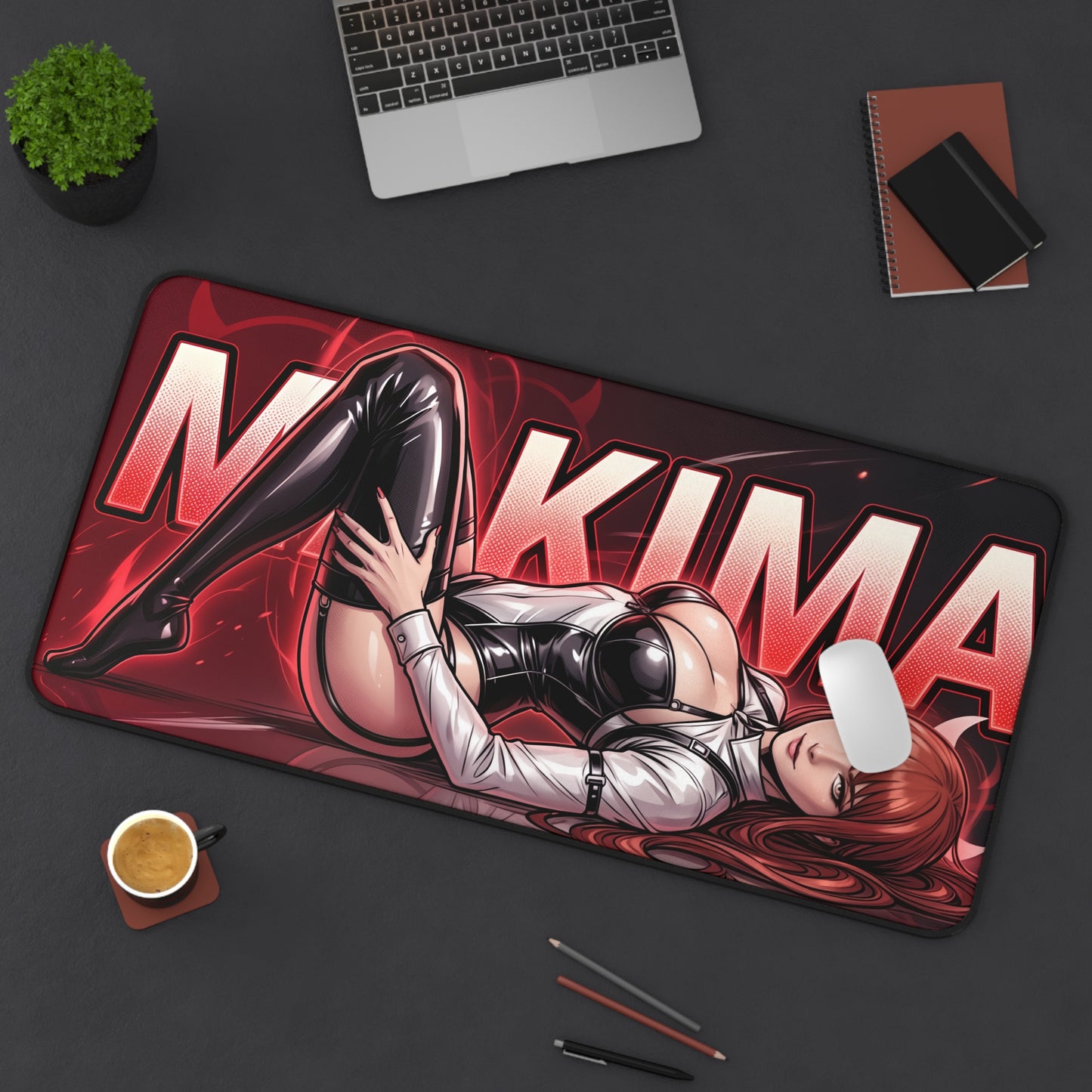 Makima Mouse Pad – Anime Gaming Mouse Pad, Stylish Gamer Desk Decor featuring reclining Makima character on large red gaming desk mouse pad