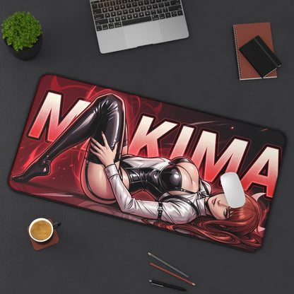 Makima Mouse Pad – Anime Gaming Mouse Pad, Stylish Gamer Desk Decor featuring reclining Makima character on large red gaming desk mouse pad