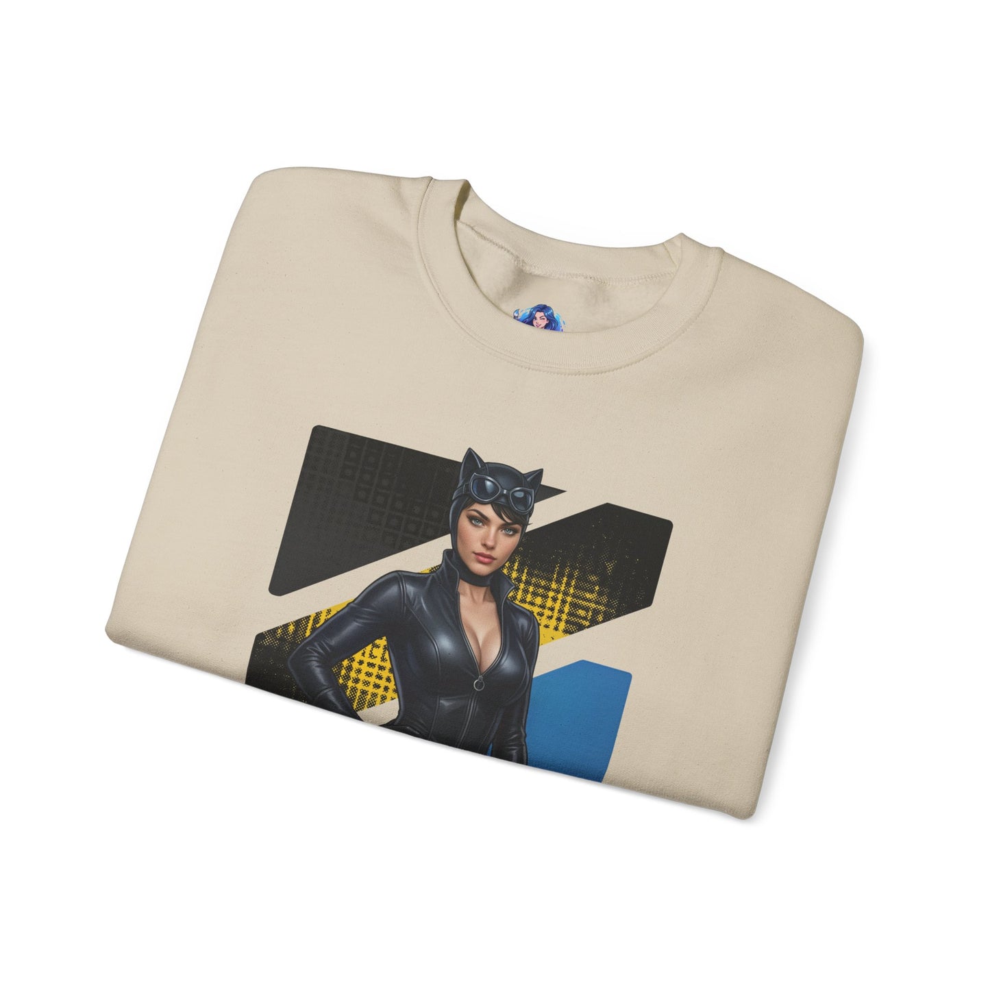 Catwoman Sweatshirt, DC Comics Crewneck, Sleek Superhero Apparel for Fans - folded beige crewneck with Catwoman graphic and sleek black design