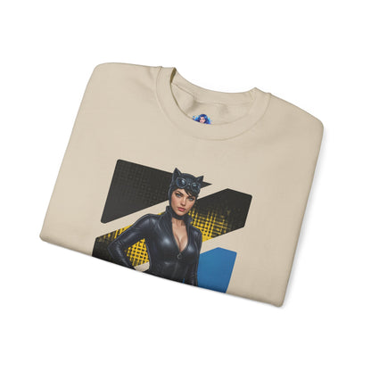 Catwoman Sweatshirt, DC Comics Crewneck, Sleek Superhero Apparel for Fans - folded beige crewneck with Catwoman graphic and sleek black design